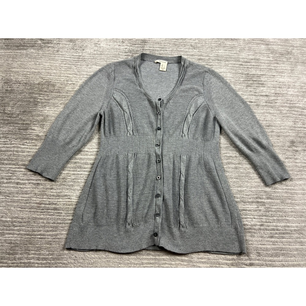 DKNY Jeans Cardigan Women Large Grey V-Neck Empire Waist 3/4 Sleeve Button Front